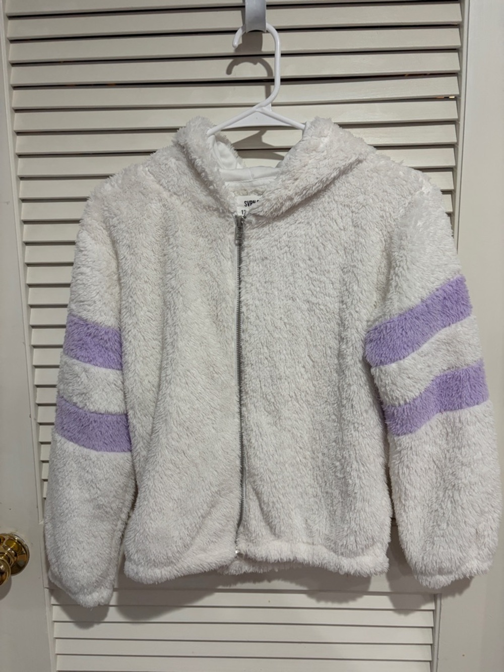 White Hooded Kids Puffer Jacket with Lavender Sleeve Stripes